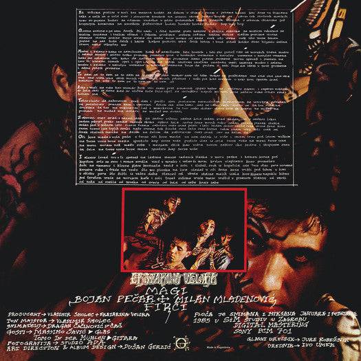 Album cover with text and images of a band on a dark background