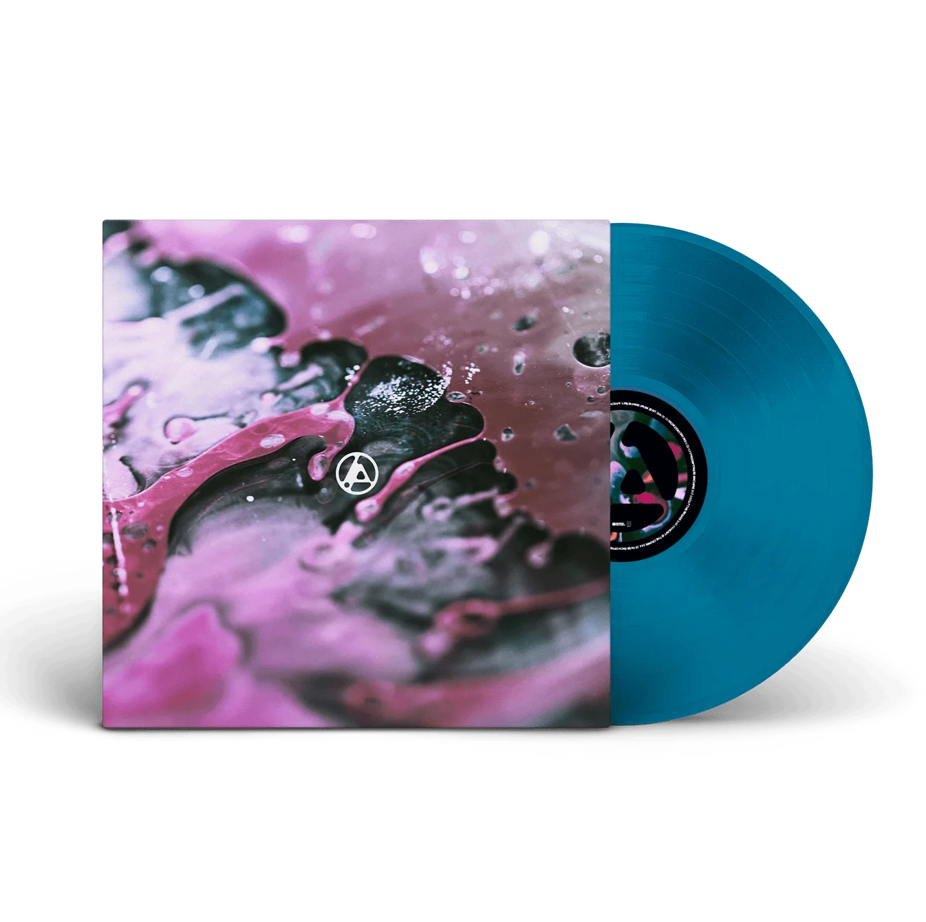 Vinyl record with a colorful cover and blue disc on a white background