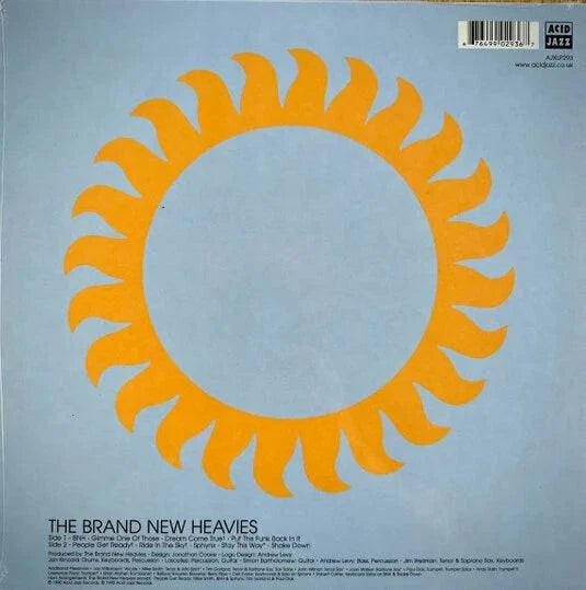 Vinyl record cover with a sun design and text on a light blue background