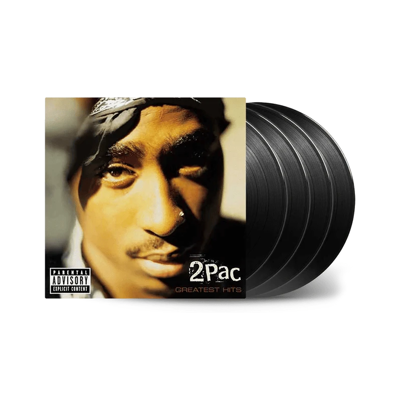 A collection of four black vinyl records with the artwork '2Pac - Greatest Hits' displayed prominently in the center.
