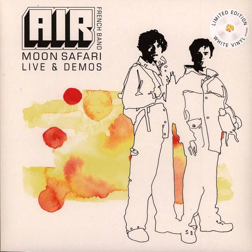 Album cover for 'Moon Safari Live & Demos' by Air with stylized illustration of two figures and abstract colors.