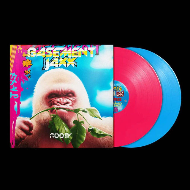 Gramofonik vinyl 2LP of Basement Jaxx Rooty with blue and pink cover artwork, front view of the album resting on a surface.