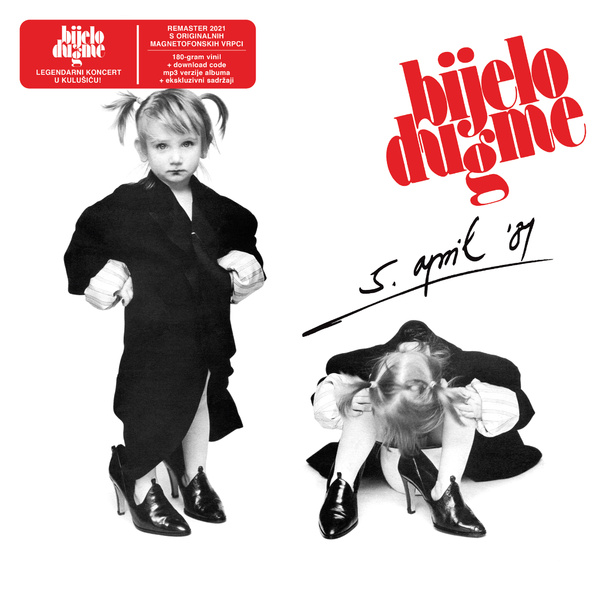 Album cover with a black and white photo of two people and red text on a white background