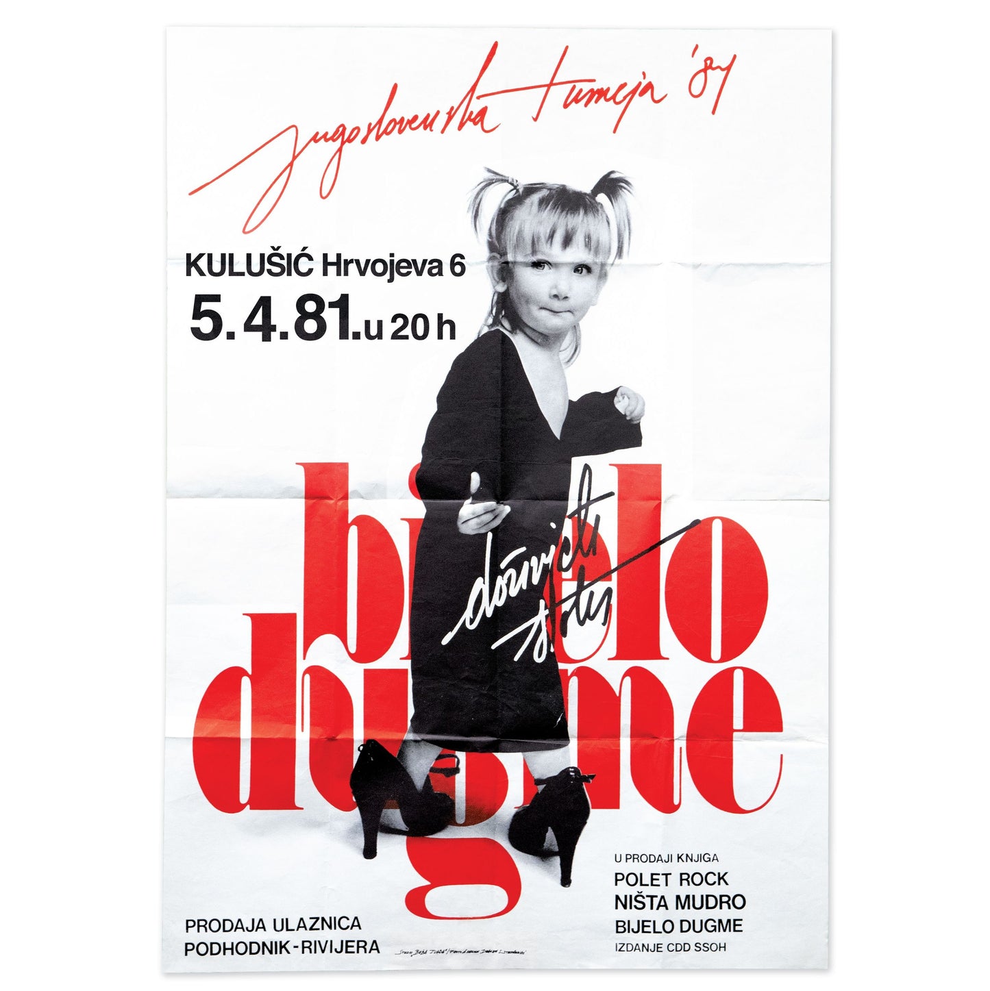 Promotional poster with a young girl and text in a stylized font on a white background
