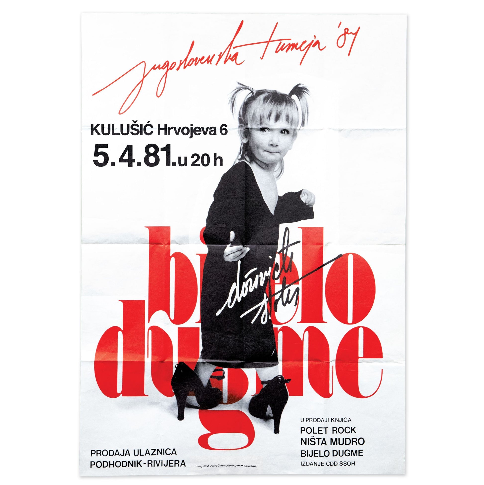 Promotional poster with a young girl and text in a stylized font on a white background