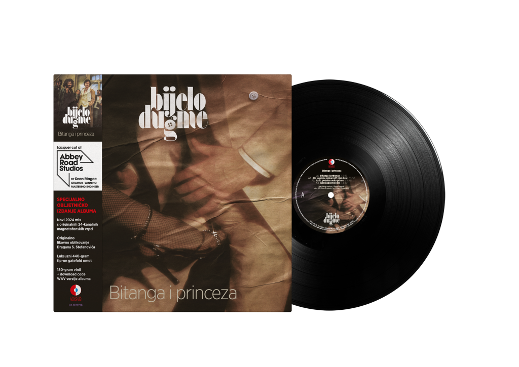 Vinyl record with cover featuring a couple holding hands, on a white background