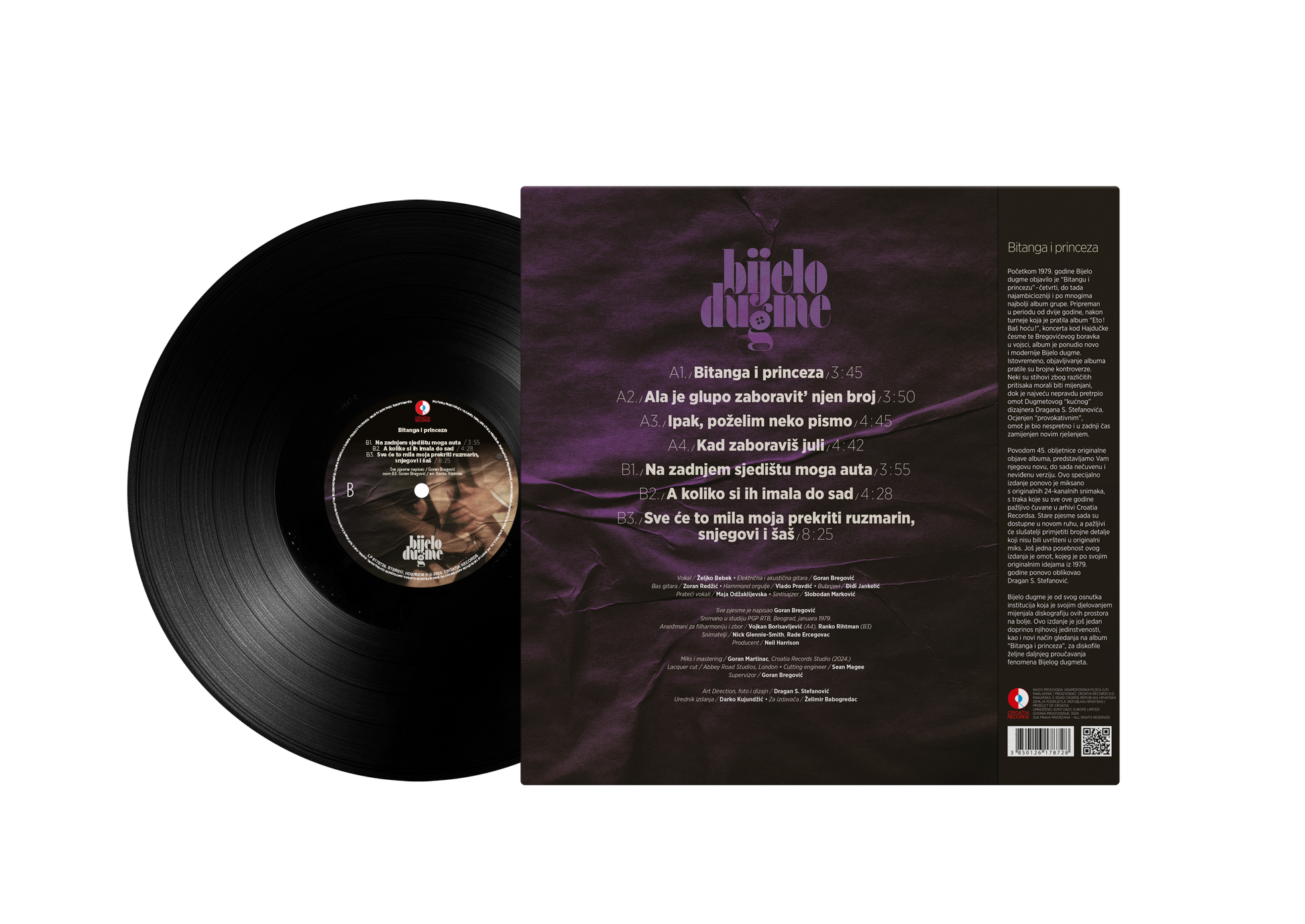 Vinyl record with cover displaying text on a white background