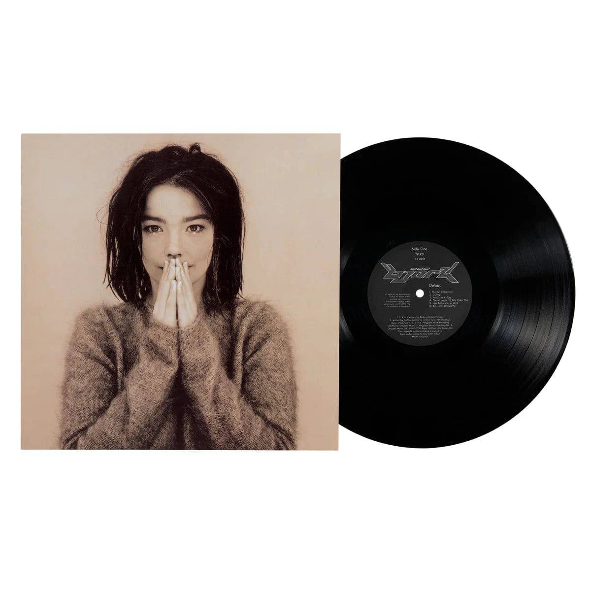 Gramofonik vinyl LP of Bjork's Debut album featuring colorful album cover artwork and black vinyl record in sleeve.