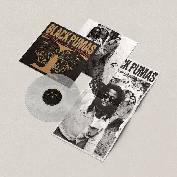 Vinyl record with 'Black Pumas' album cover and promotional material on a light gray background