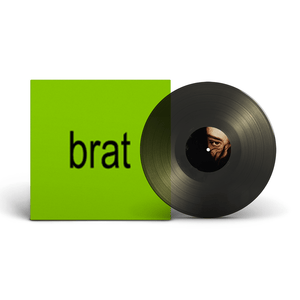 Vinyl record with a green cover displaying the word 'brat' on a white background