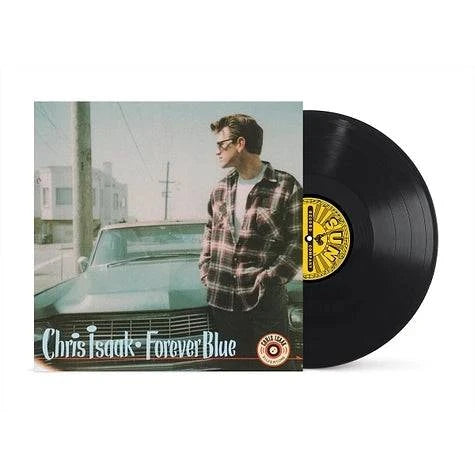 Chris Isaak Forever Blue vinyl LP, 30th Anniversary Edition by Gramofonik, featuring the album cover and black vinyl record.