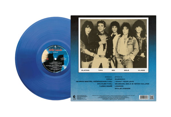 Blue vinyl record with a black and white photo of a band on the cover