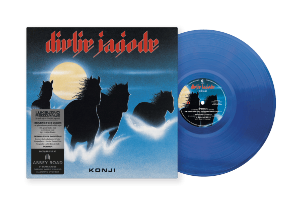 Vinyl record with blue disc and cover featuring horse silhouettes against a moonlit sky.