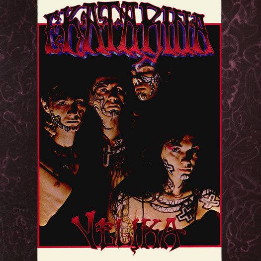 Album cover with stylized text and images of people against a dark background Ekatariva Velika LP