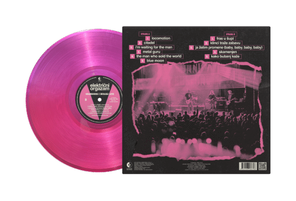 Pink vinyl record with a black label and cover on a pink background elektircni orgazam