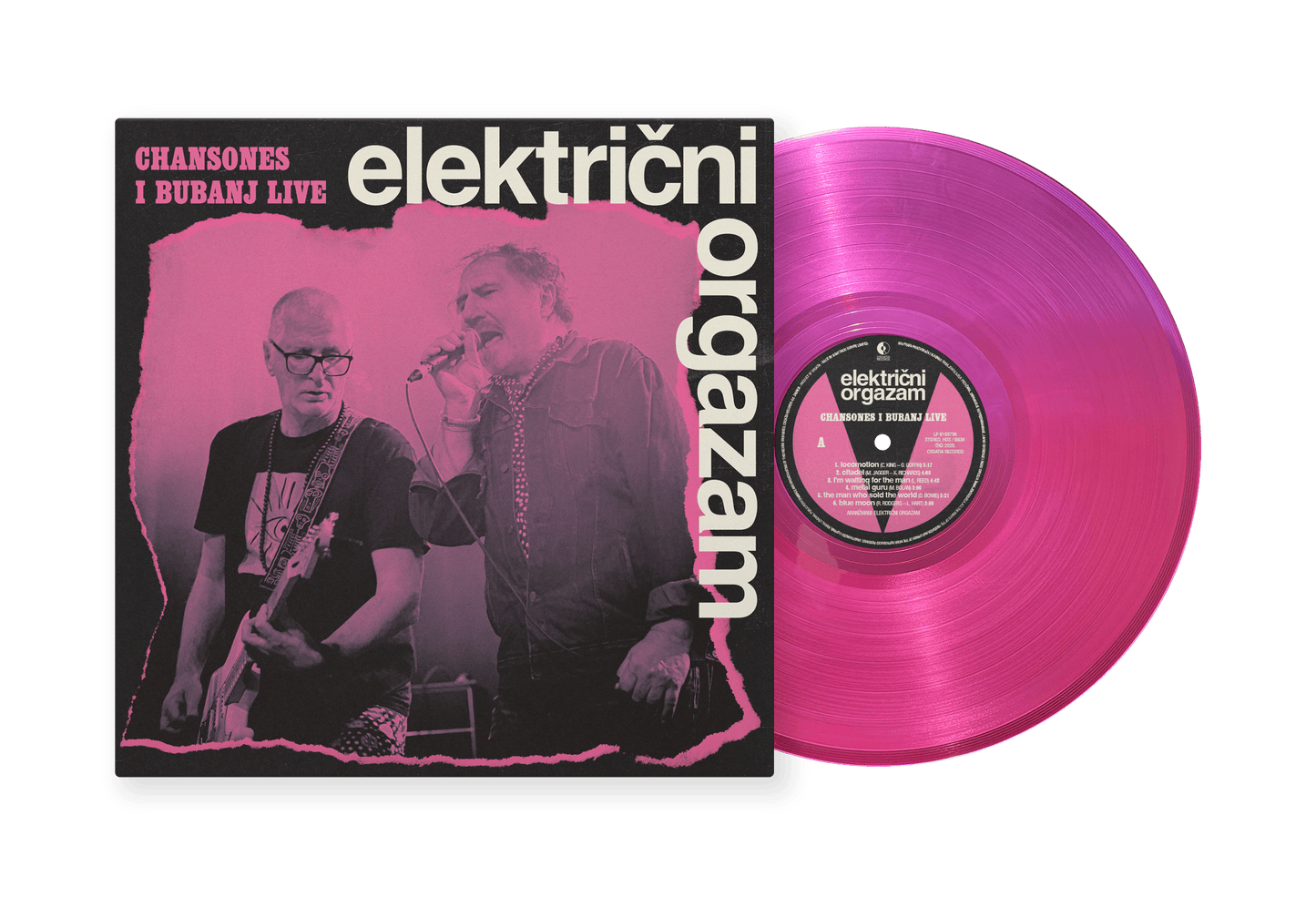 Vinyl record with pink disc and cover featuring two people, labeled 'elektricni orgazam'