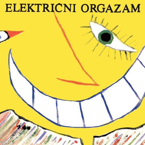 Surrealistic yellow creature with a wide smile and colorful text above on a yellow background