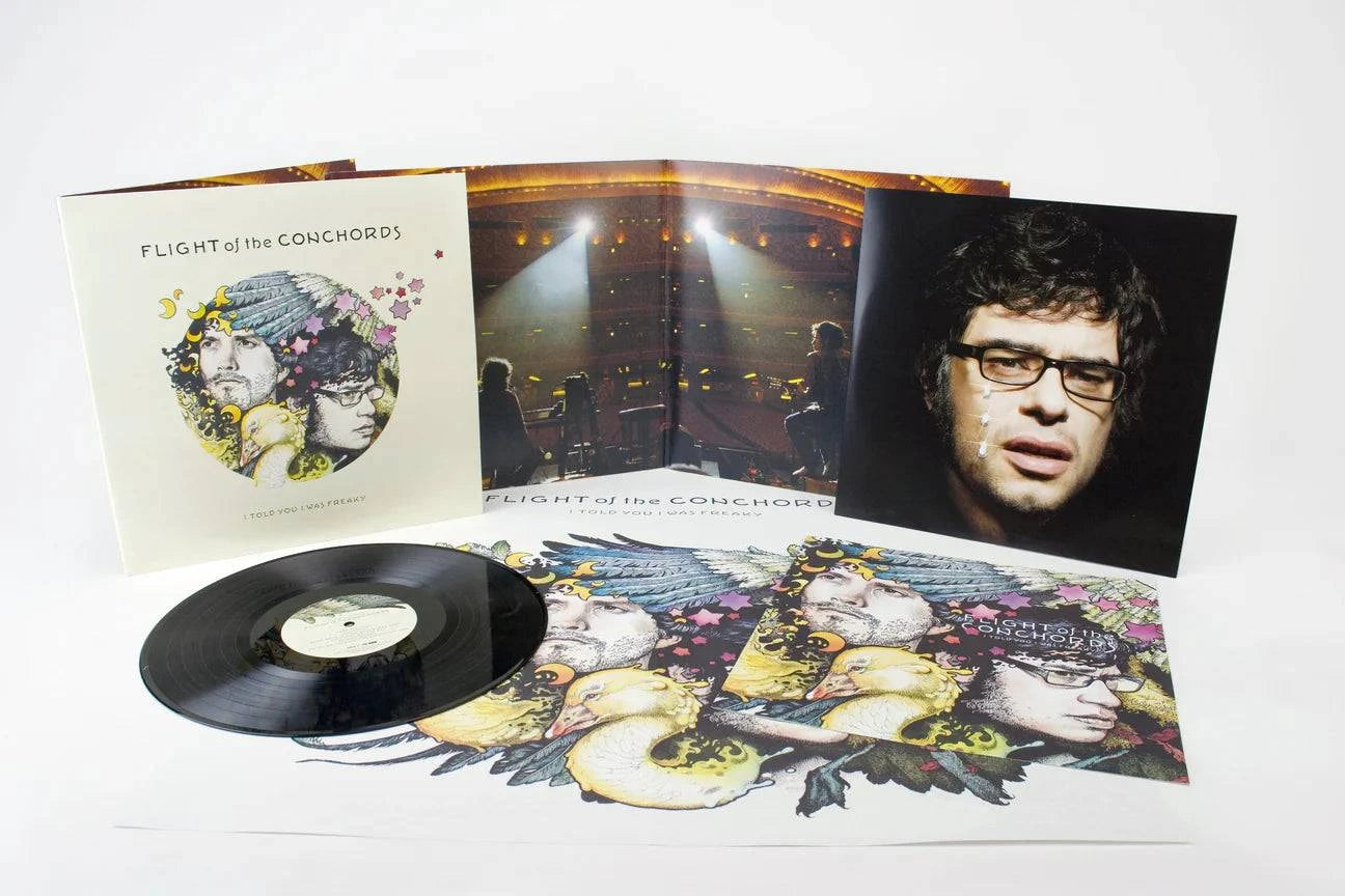 Vinyl record set with 'Flight of the Conchords' album cover and disc on a white background
