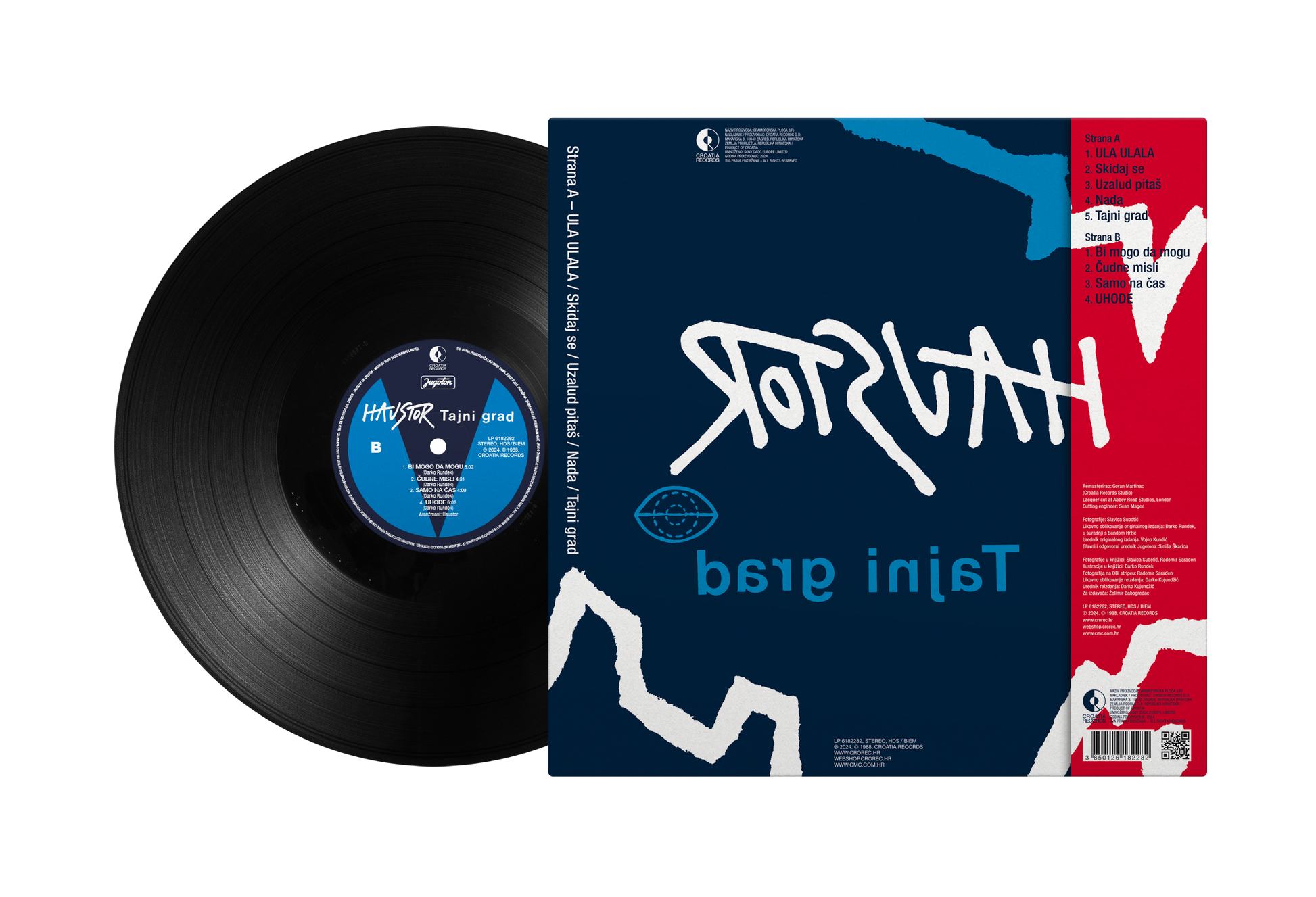 Vinyl record with matching cover displaying text and design elements.