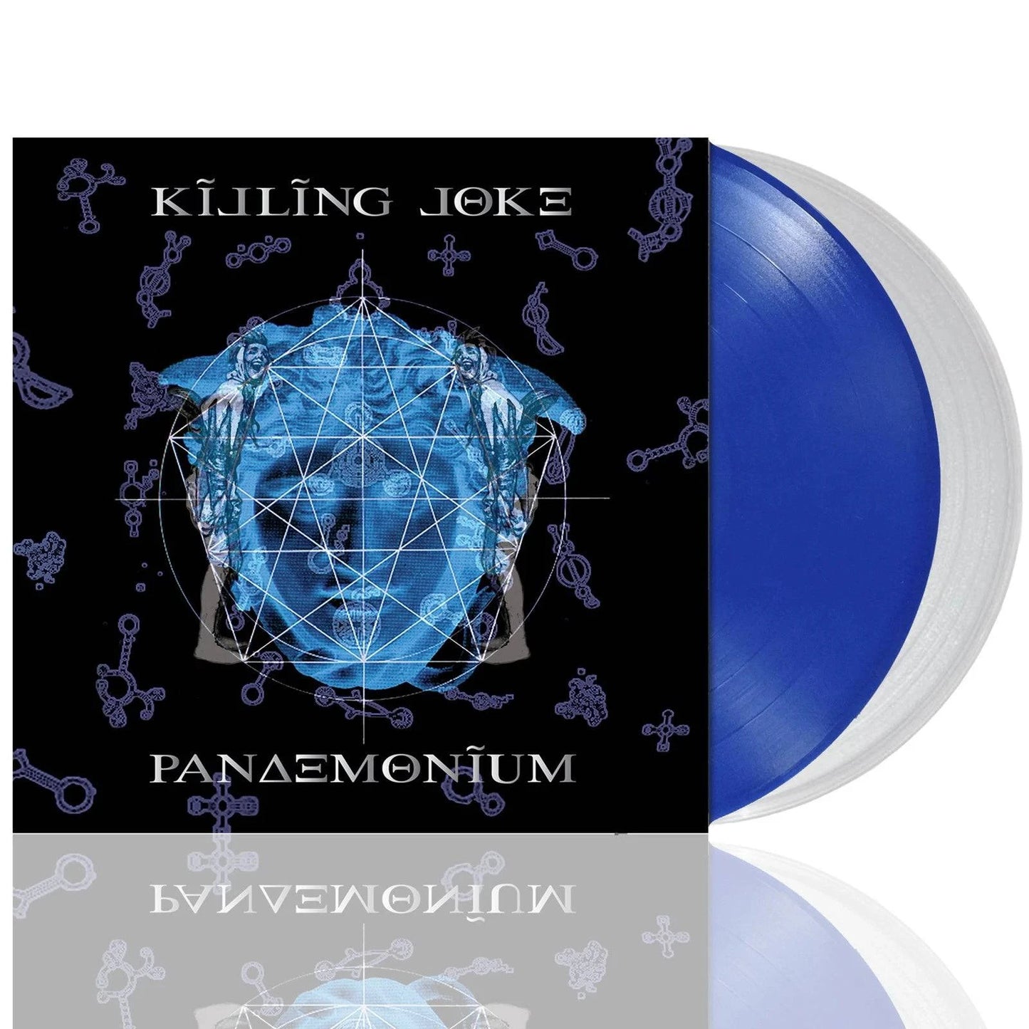 Vinyl record with blue and white disc and black cover featuring geometric designs and text. Killing Joke Panademonium clear white and clear blue vinyl 