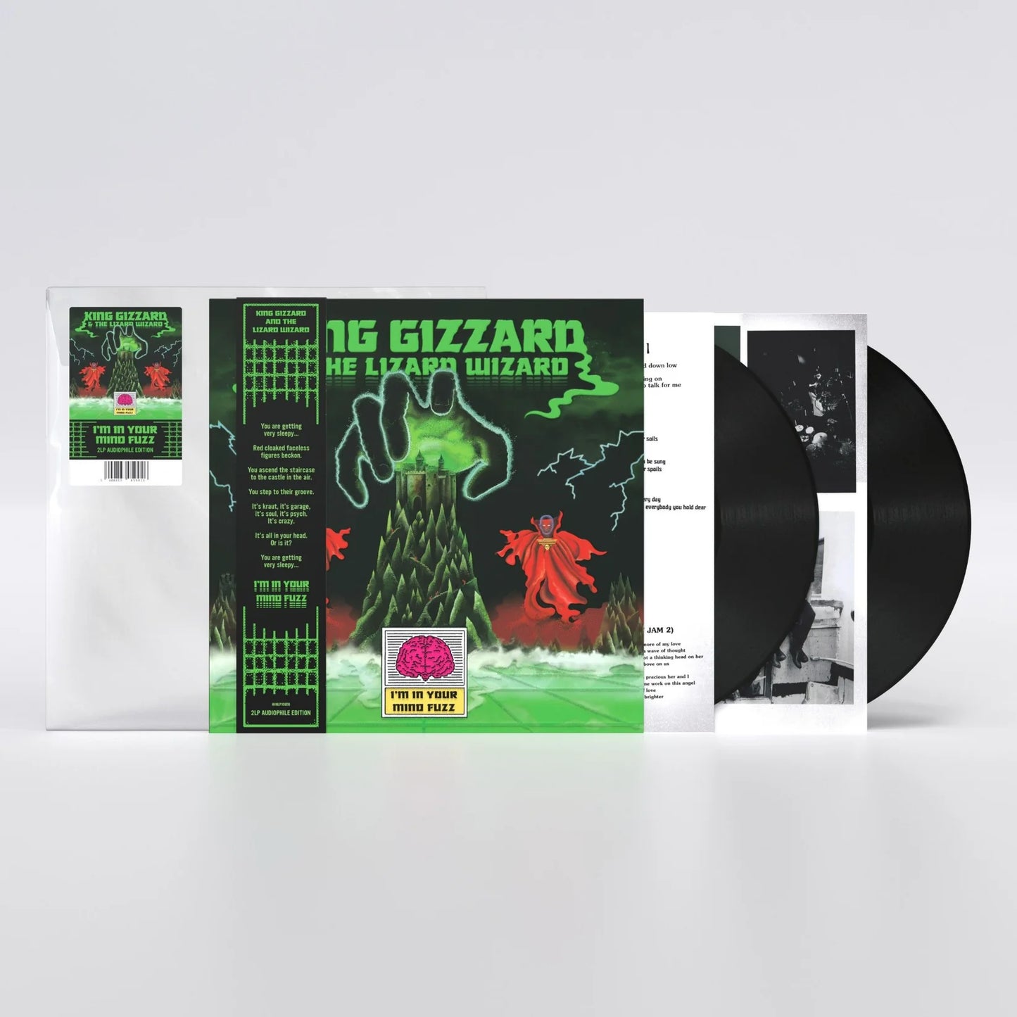 Vinyl record with colorful cover featuring text and graphics on a white background