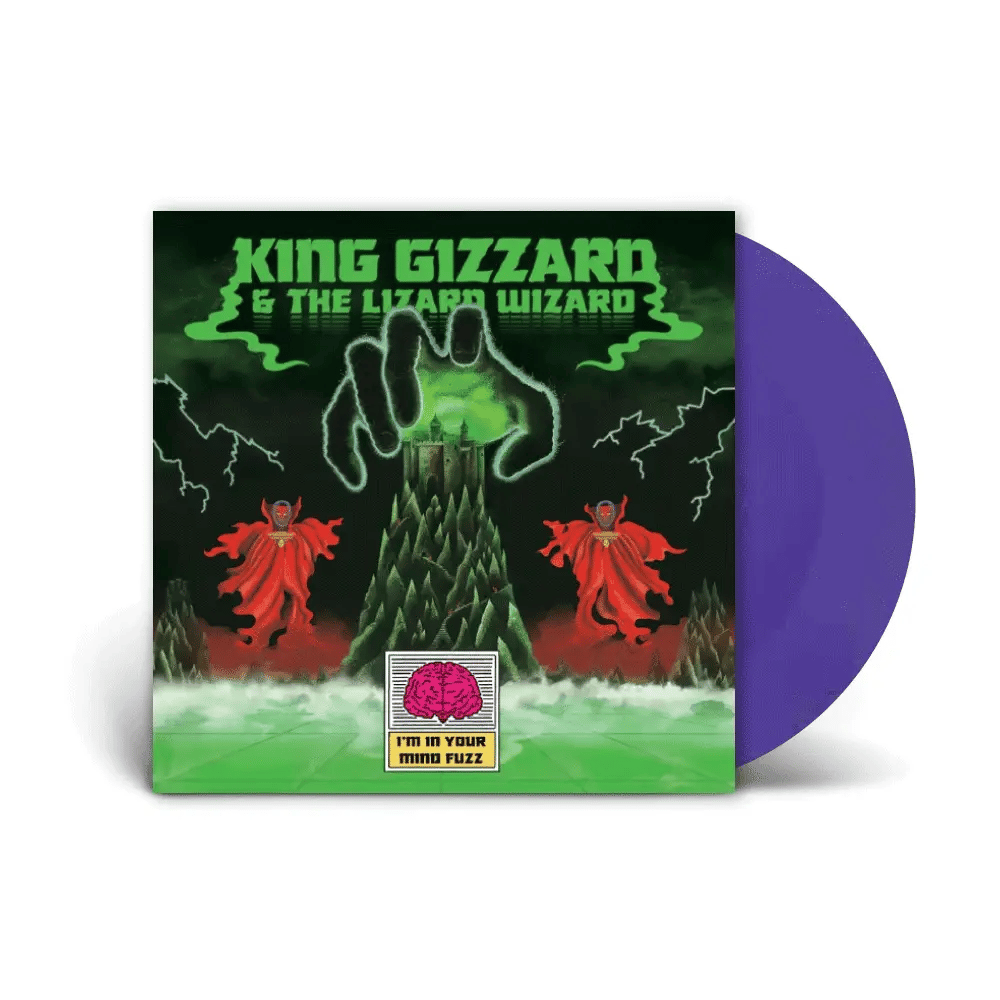 Vinyl record with King Gizzard & The Lizard Wizard album cover featuring a green creature and red figures.