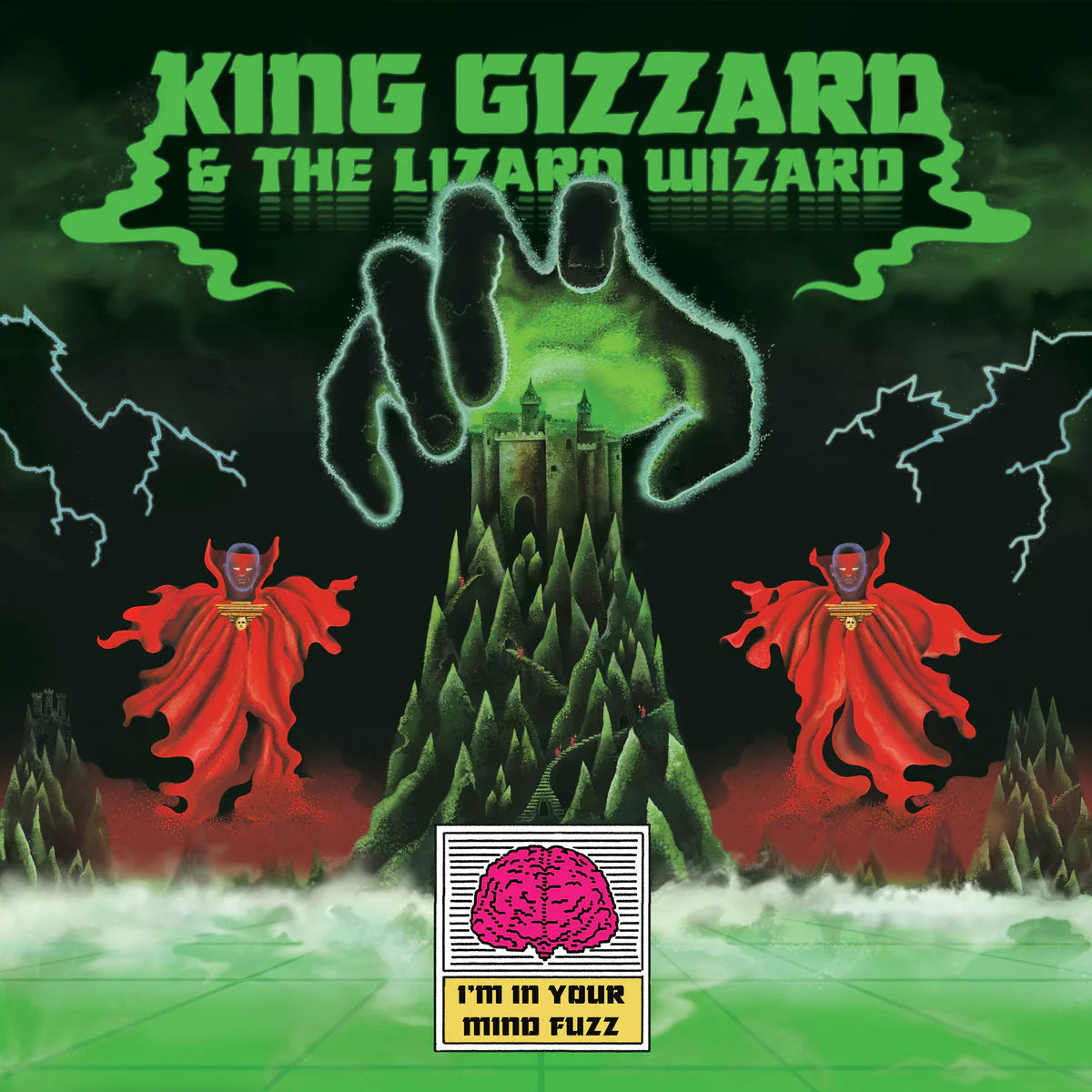 Album cover for King Gizzard & The Lizard Wizard with green and red figures and a brain illustration.