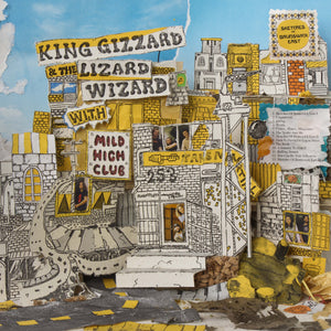 Collage-style album cover with text and illustrations, featuring 'King Gizzard & the Lizard Wizard' and 'Mild High Club'.