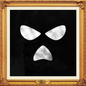 Black background with white abstract shapes resembling eyes and a mouth, framed in gold.
