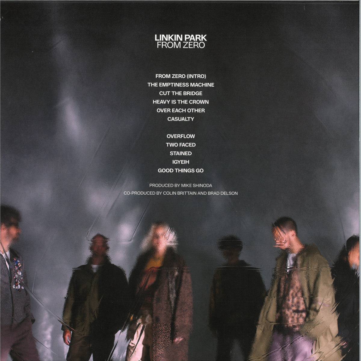 Album cover for Linkin Park's 'From Zero' with band members and tracklist on a dark background