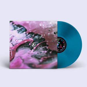 Vinyl record with a blue disc and pink and black cover on a white background