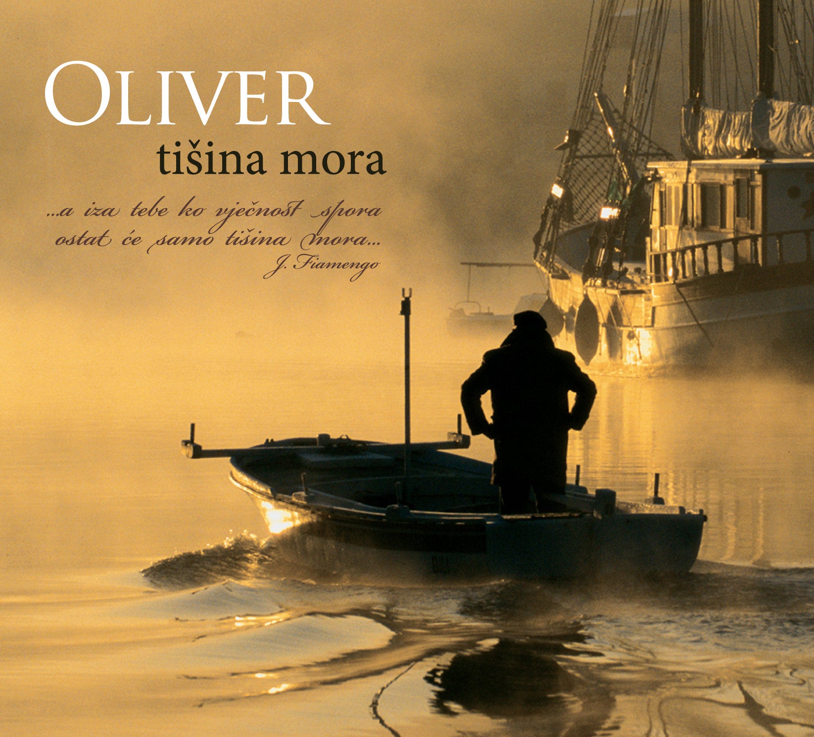 Vinyl LP cover of Oliver Dragojević's Tišina Mora by Gramofonik, featuring a scenic maritime image with artist's name and album title.