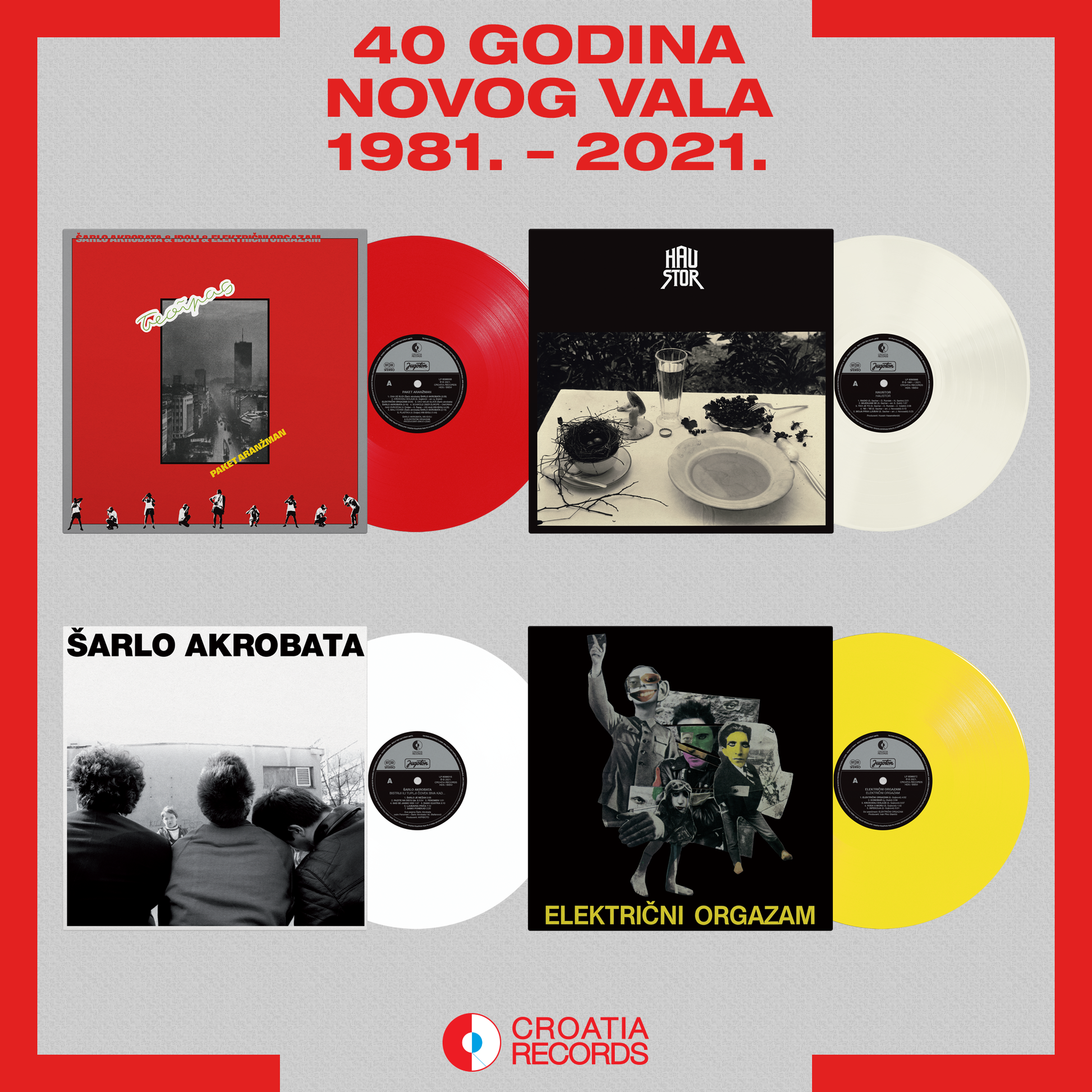 Promotional graphic for Croatian Records celebrating 40 years of Novog Vala music with album covers and text.