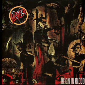 Slayer Reign In Blood reissue vinyl LP by Gramofonik, showing the black 180g vinyl record and album cover artwork.