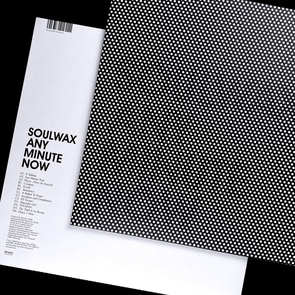 Soulwax Any Minute Now vinyl 2LP by Gramofonik, showing the clear front and back covers of the double record set.