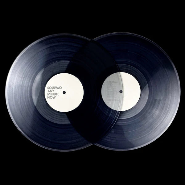 Soulwax Any Minute Now vinyl 2LP by Gramofonik, featuring clear vinyl discs with album artwork and two record sleeves.