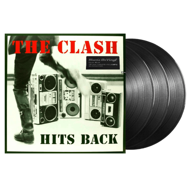 Vinyl records with 'The Clash Hits Back' album cover featuring a person with a boombox.