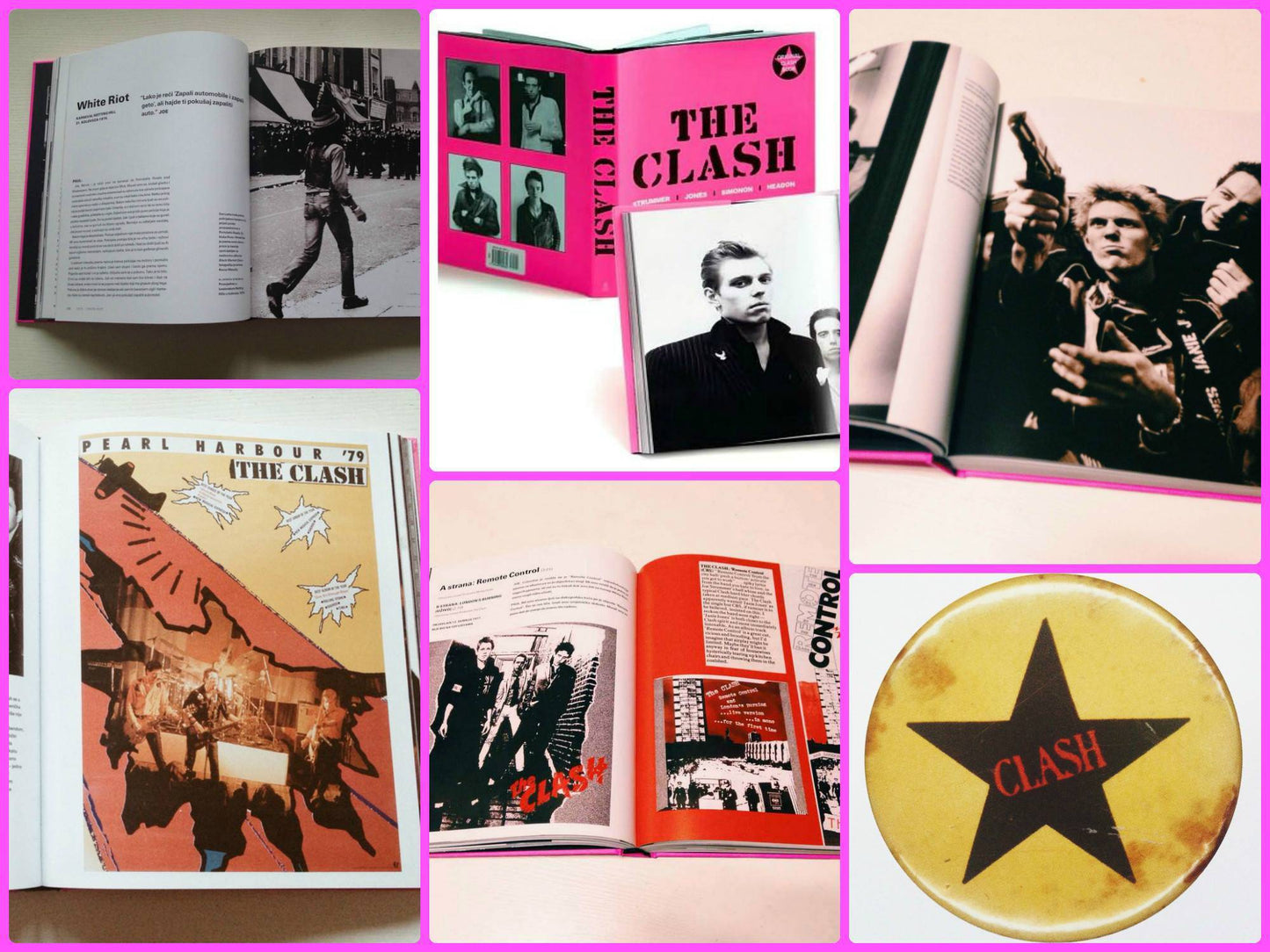 Collage of 'The Clash' book and related items with black and white photos and a star badge.
