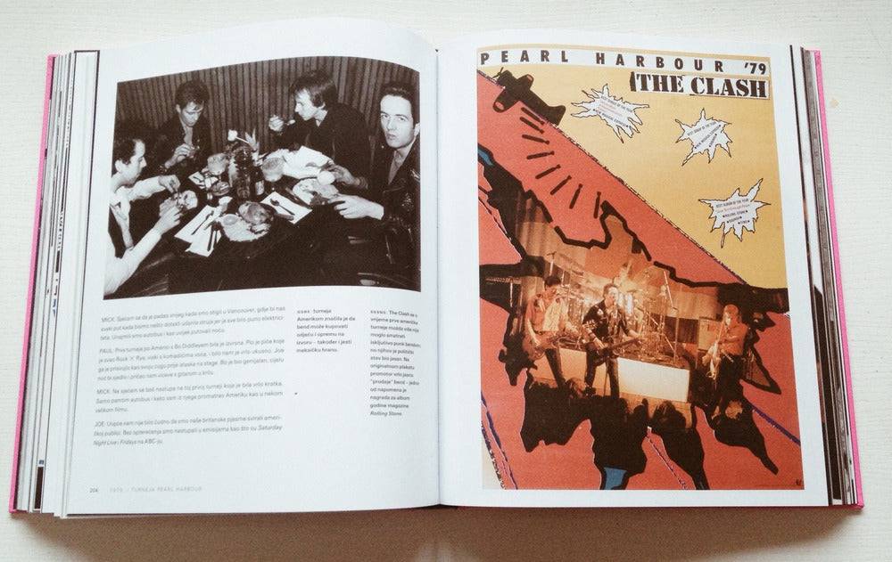 Open book showing pages with black and white photos and a colorful illustration of The Clash.