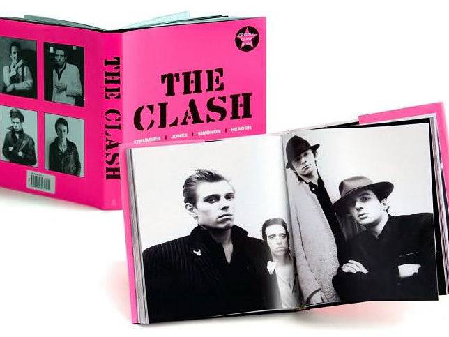 Pink book titled 'The Clash' with black and white photos of band members on a white background