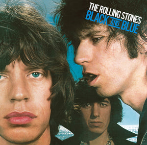 Album cover of 'Black and Blue' by The Rolling Stones featuring close-up portraits against a blue background.