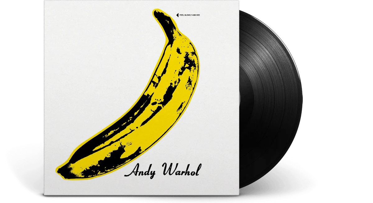 Vinyl record with a yellow banana design and 'Andy Warhol' text on a white background