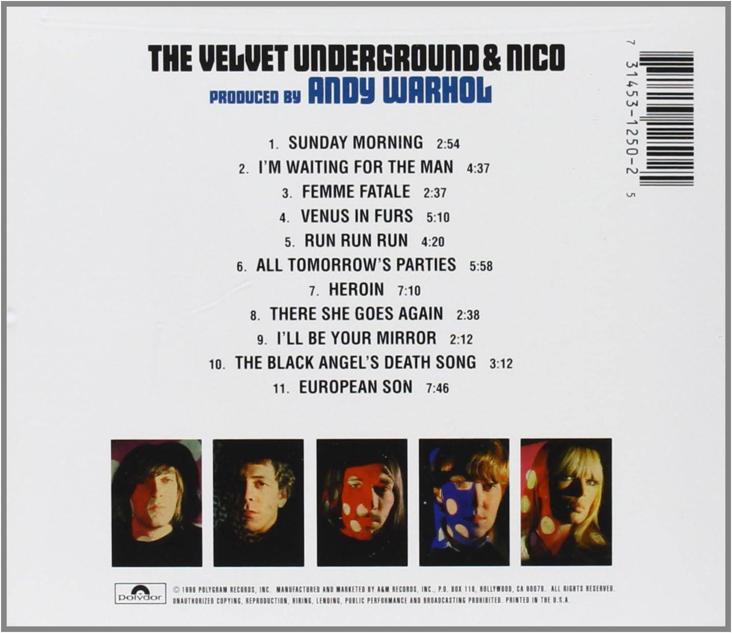 Back cover of 'The Velvet Underground & Nico' album with tracklist and album art.